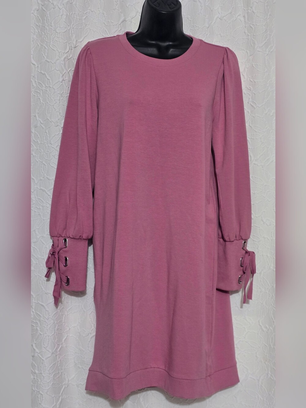 Blue Orchid Pink Knit Sweatshirt Shift Dress Lace-Up Cuff Balloon Sleeve Sz M